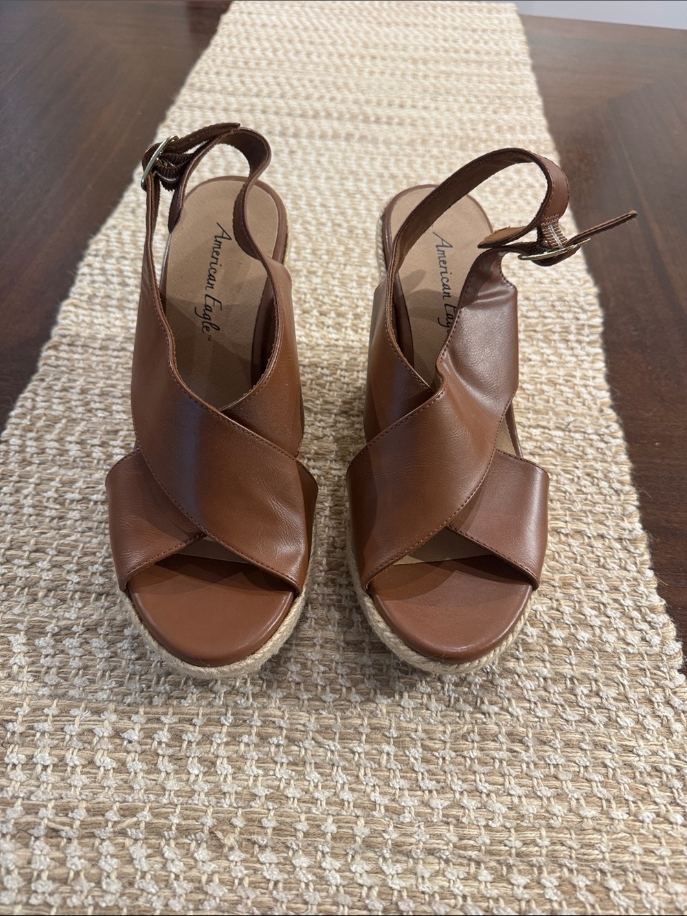 American Eagle Outfitters Brown Crisscross Leather Wedge Sandals